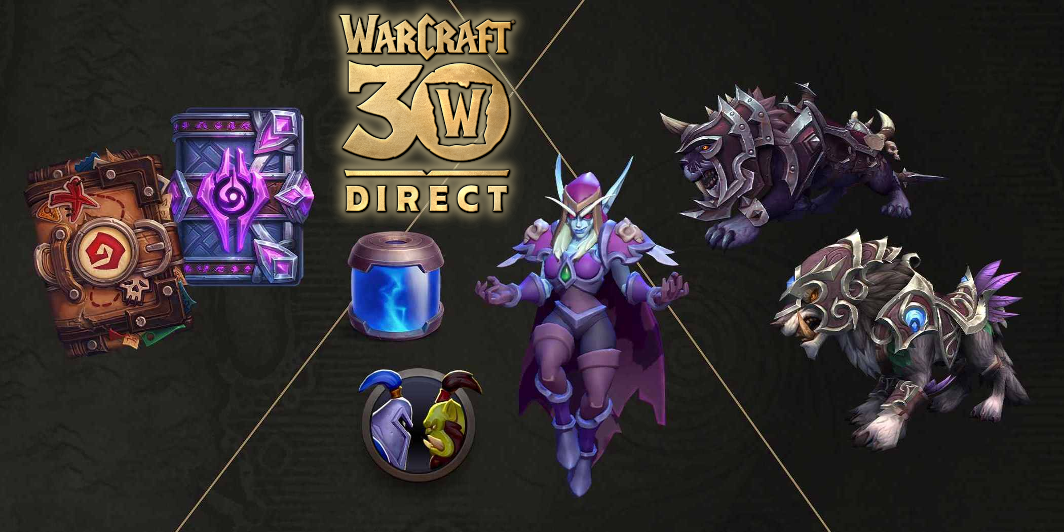 A gold logo saying 'Warcraft 30 Direct', surrounded by a bunch of images representing goodies you can get by watching the stream, chiefly, the Blackrock Saber mount (a dark saber with dark wine-red Horde-themed armour) and the Kaldorei War Wolf mount (a brown Draenor-style wolf or worg in maroon night elf-themed armour.